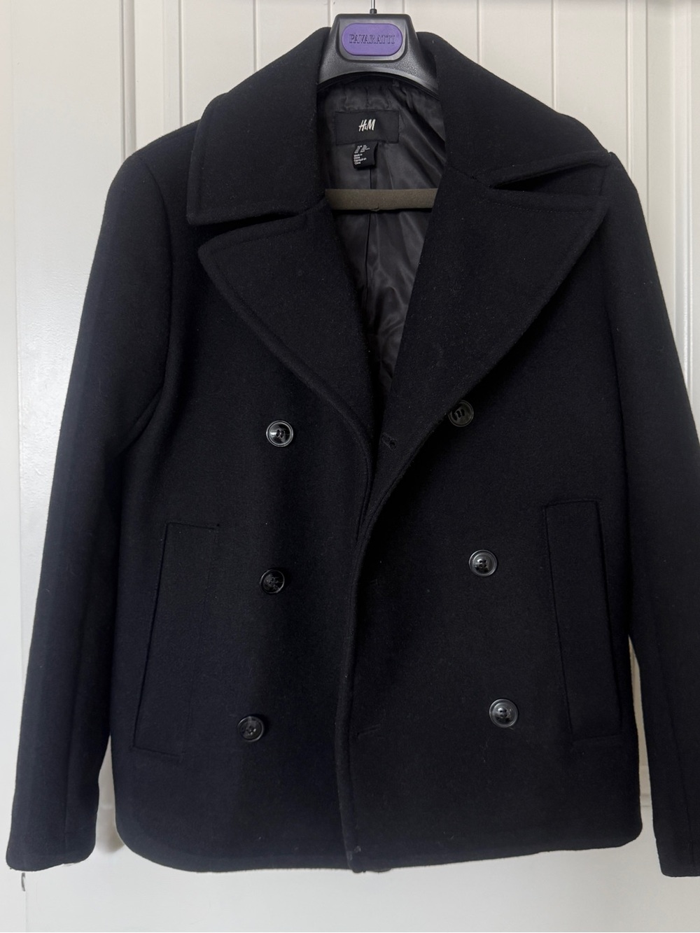 H&M Men’s Classic Black Wool Blend Double-Breasted Peacoat - Size 36R